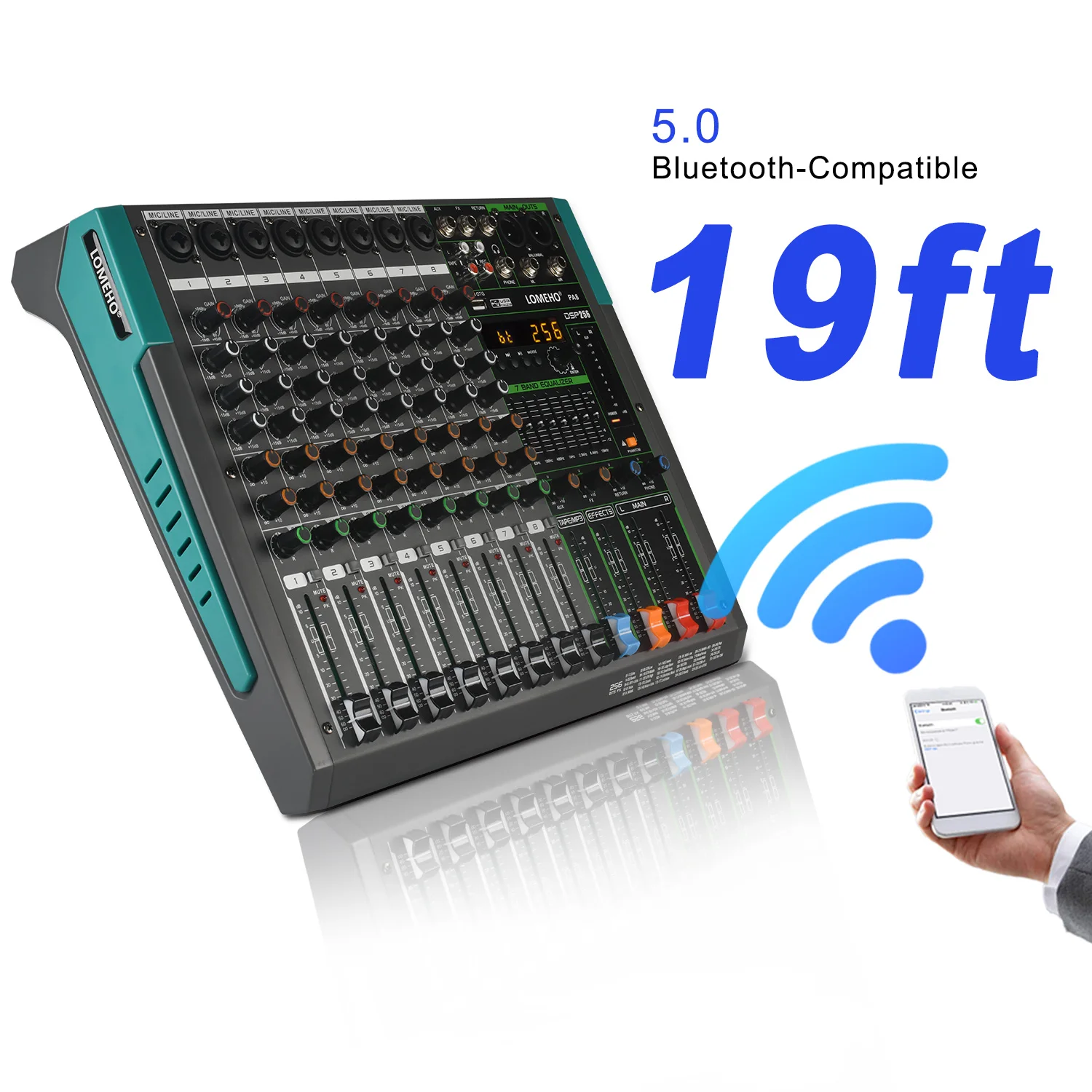LOMEHO 8 Mono Channels Sound Mixer 256 DSP Effects Bluetooth Mixing Console 7 Band EQ 48V 8 Way USB Aux Audio Table for Show PA8