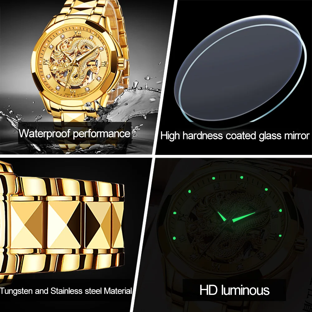 JSDUN Gold Dragon Watch for Men Luxury Brand Automatic Mechanical Watch Stainless Steel Strap Hollow-carved Man Clock Gift 8840