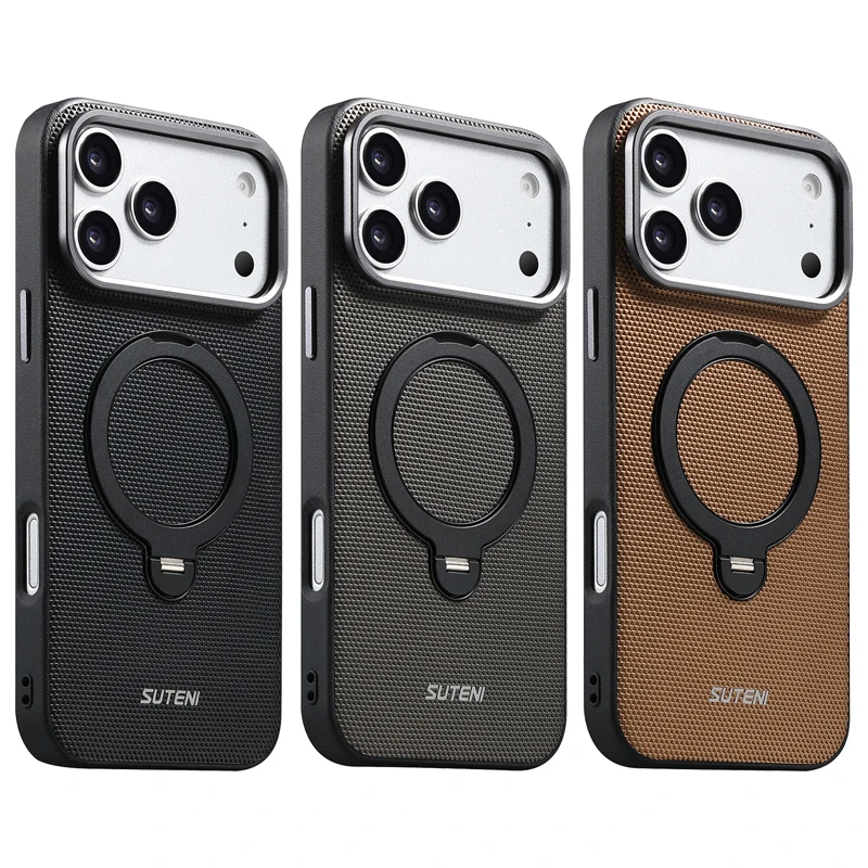 Luxury Business Triangle Texture Leather Phone Case with 360° Rotating Metal Ring Stand