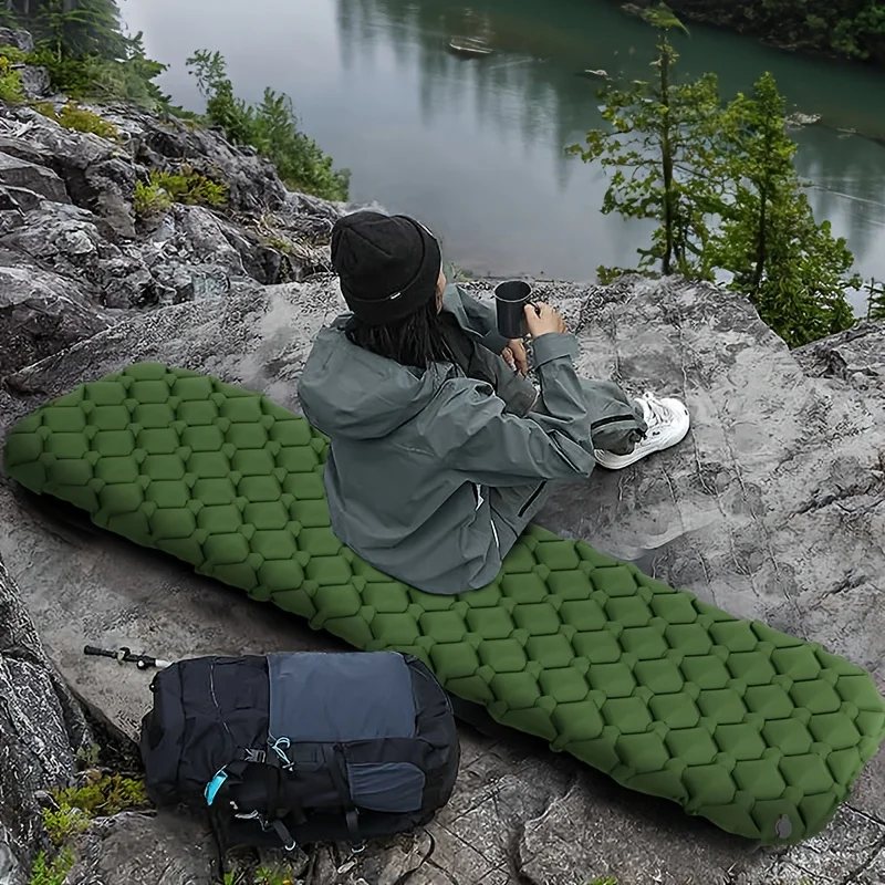 1pc Ultra Lightweight Inflatable Sleeping Pad Rectangular, Portable Foldable Camping Mat with Durable Polyester Fabric Moisture