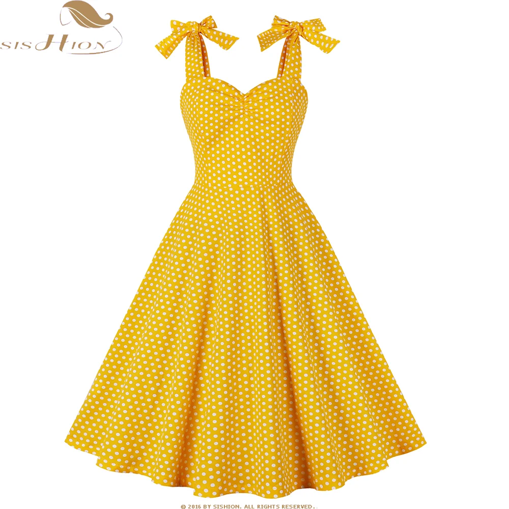 

Sweetheart Bow Neck Bow Tie Strap 50s Pinup Rockabilly Summer Dresses for Women Polka Dot Print Cotton Vintage Dress SR1019