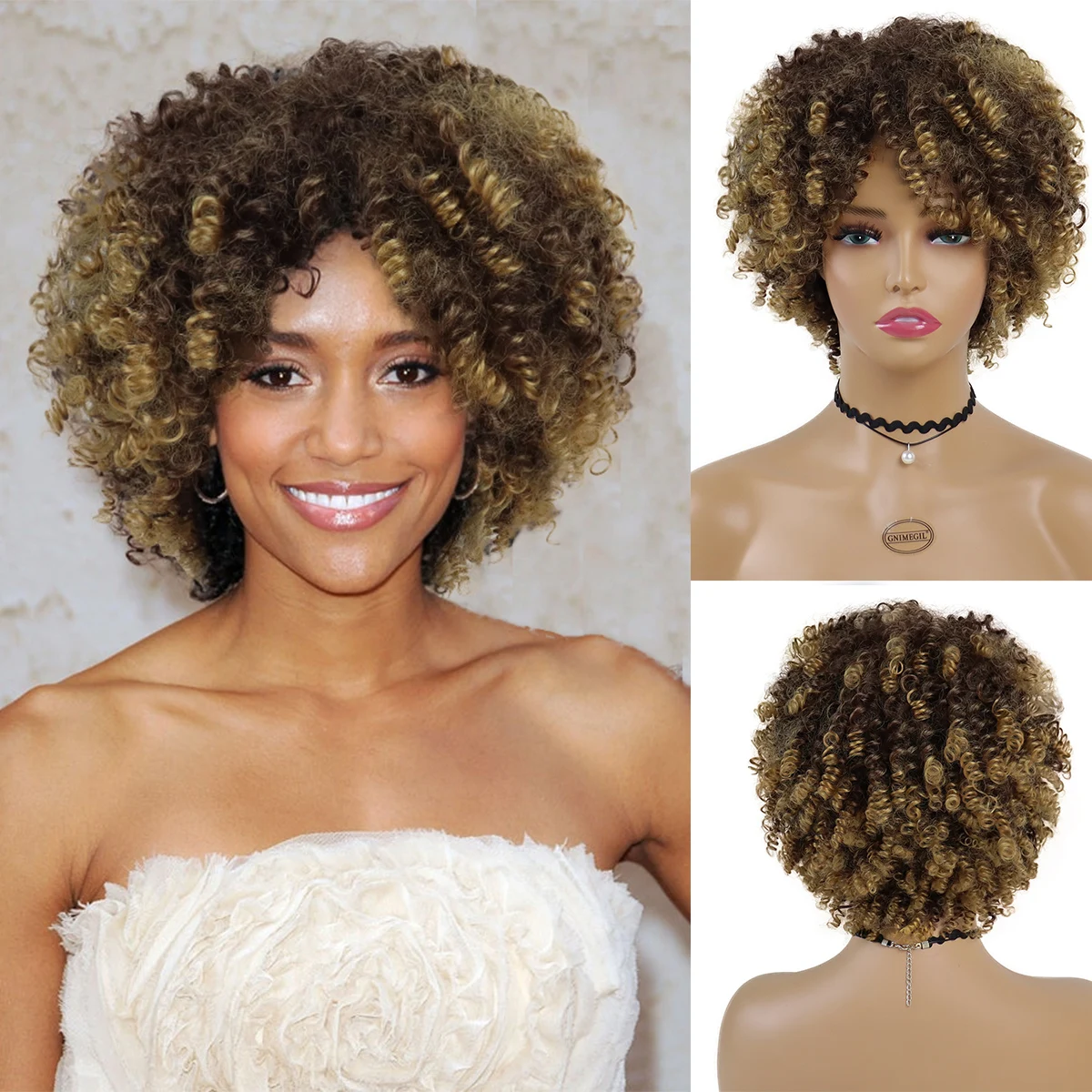

GNIMEGIL Synthetic Hair Afro Wigs for Black Women Curly Wig Brown Mix Blonde Kinky Short Wigs High Quality Synthetic Wig Female
