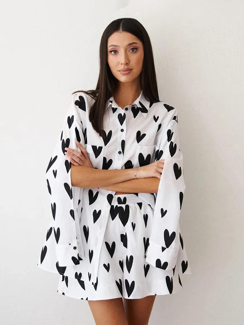 Martahqiqi Printing Women Nightgowns Set Turn-Down Collar Pajamas Split Long Sleeve Sleepwear Shorts Casual Femme Nightwear Suit