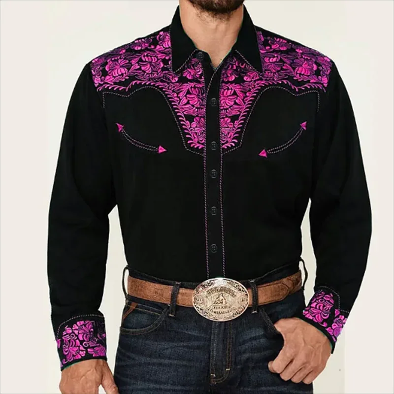 Men's Denim Print Western Shirt button-up Shirt Outdoor Festival Men's top Soft and comfortable vintage lapel shirt