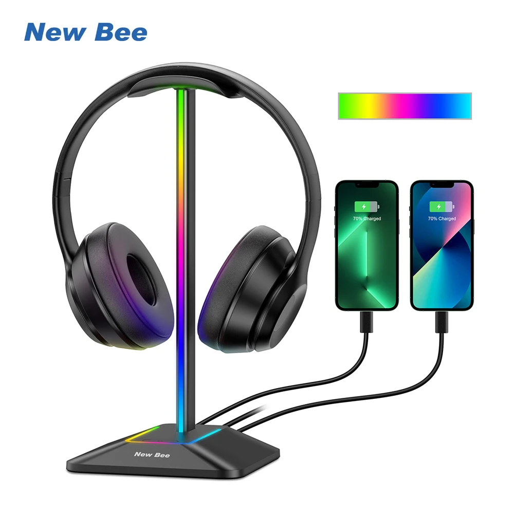 RGB Headphones Stand with USB Ports and Non-Slip Base