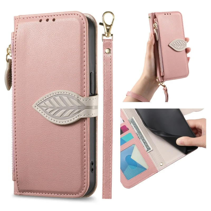 Leaf Buckle Leather Wallet Phone Case - Premium Card Holder Cover