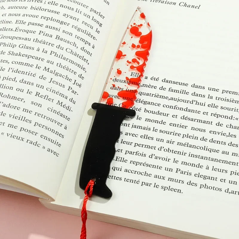 Horror Knife Clear Acrylic Bookmark with Tassel Halloween Series Funny Gift Chopper with Blood Book Mark Reading Supplies