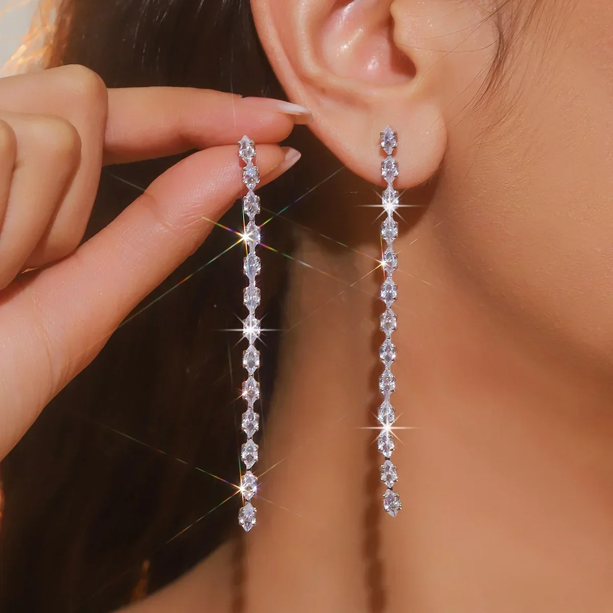 Simple Geometric Zircon Crystal Long Tassel Dangle Earrings for Women