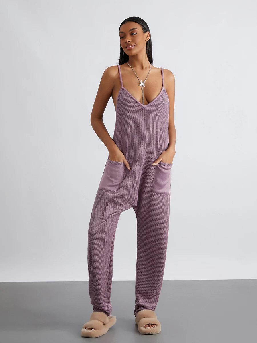 

Women's Fashion Cami Bib Overalls Light Purple V-Neck Big Pockets Sleeveless Camisole jumpsuit Spaghetti Strap Long Rompers