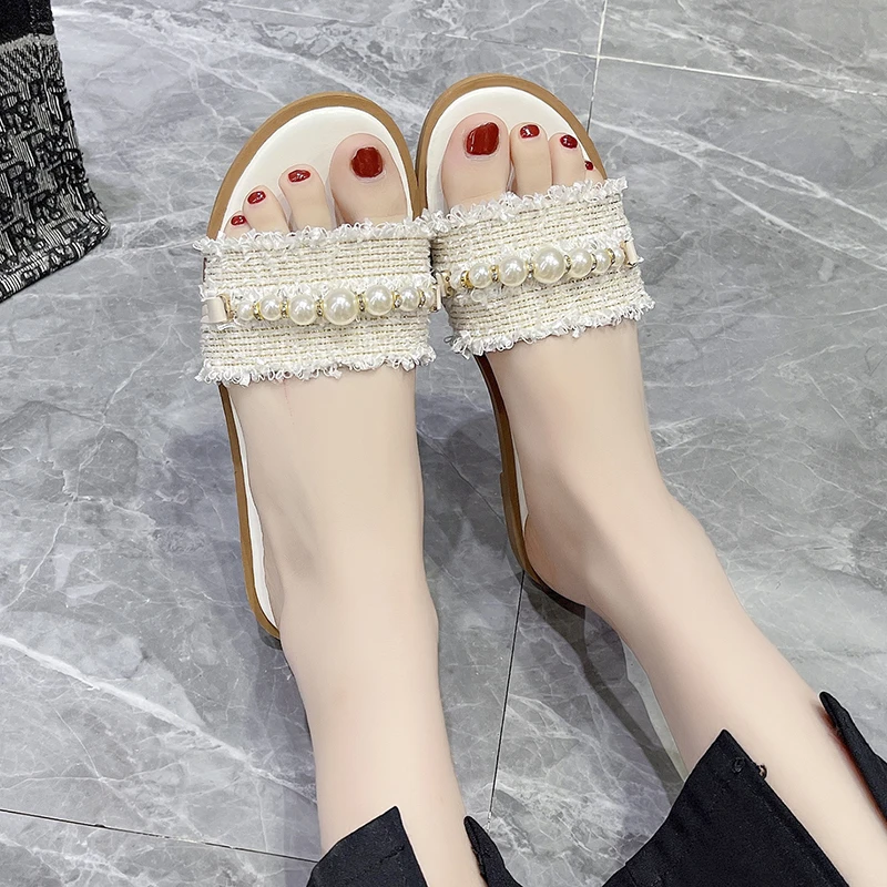 Aphixta Fabric Beige String Bead Slides Flat With Sandal Women Summer Round Toe Shoe Outdoor Slides Luxury Pearls Designer Shoes