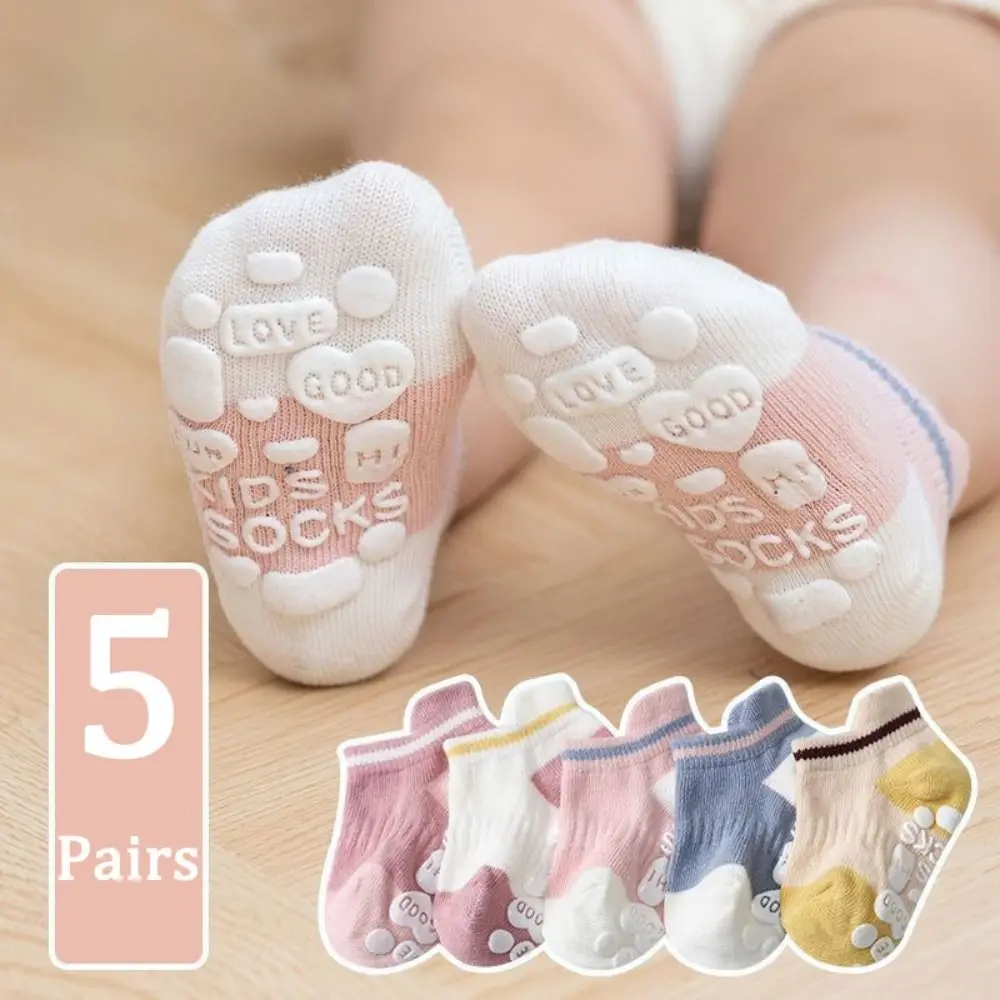 5Pairs Creative Cotton Baby Floor Socks Non-slip Letter Tube Sock Ins Style Hosiery Toddle Walking Socks Daily