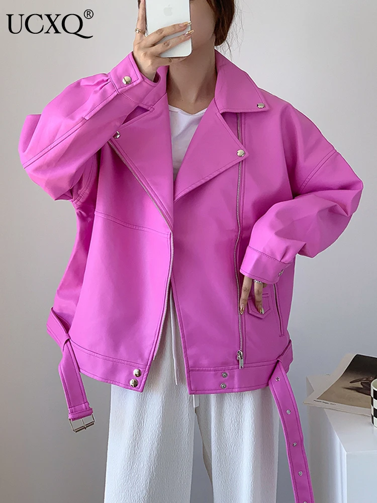 UCXQ 오렌지 지퍼 루즈 PU 가죽 재킷, 스트리트 의류 라펠 긴팔 여성 코트..