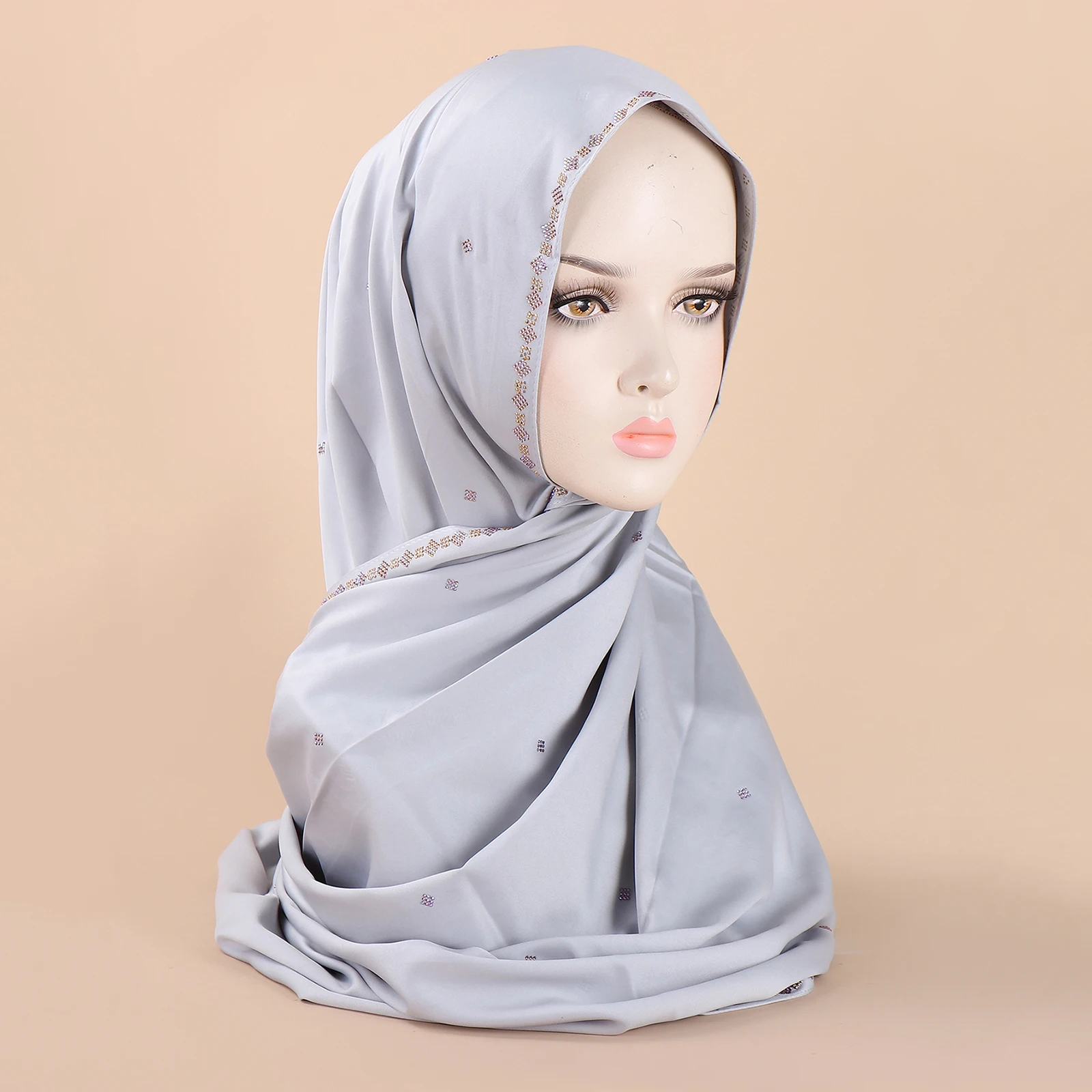 Plain Hijab Scarf Women Scarves High-end Satin Scarf Handmade Diamond Exquisite Decoration Banquet Wedding Hijab
