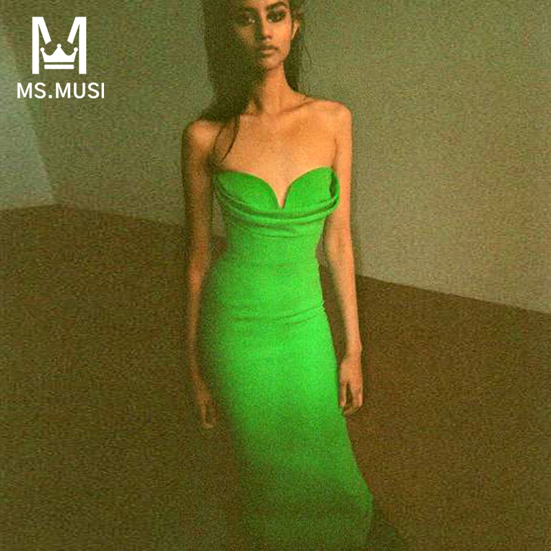 

MSMUSI 2023 New Fashion Women Sexy Strapless Sleeveless Draped Fold Backless Bandage Party Club Bodycon Event Slim Midi Dress