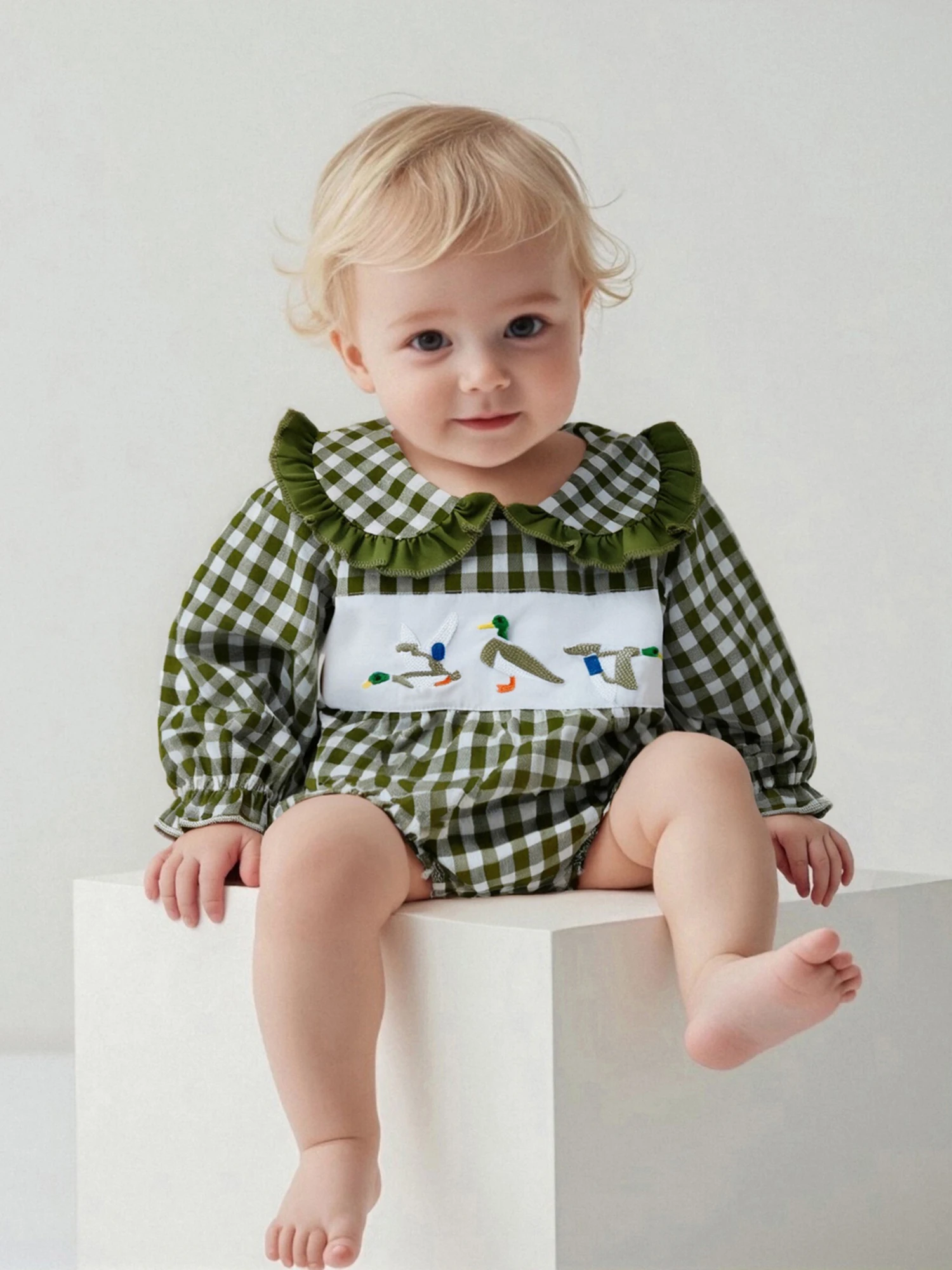 FOCUSNORM 0-18M Schöne Baby Mädchen Jungen Strampler Ente Gestickte Plaid Print Puppe Kragen Langarm Bodys Overalls – Detail 5