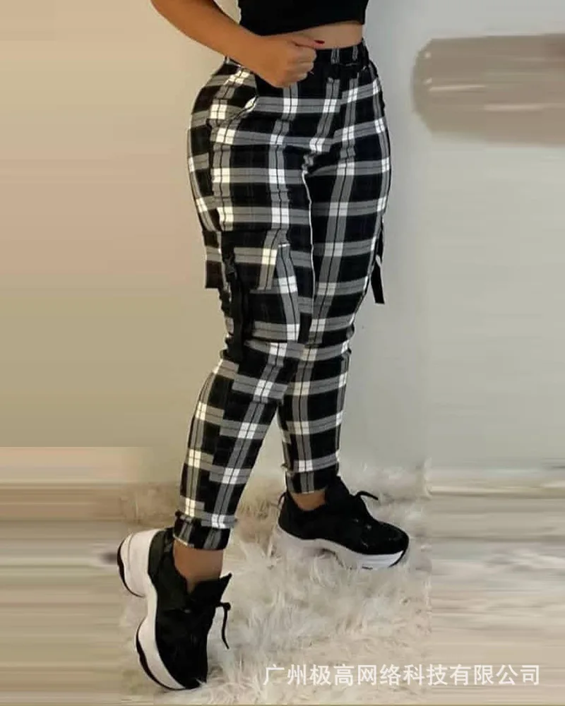 Women High Waist Ankle Length Spring Summer Plaid Pants Pockets Fashion Casual Trousers Pants
