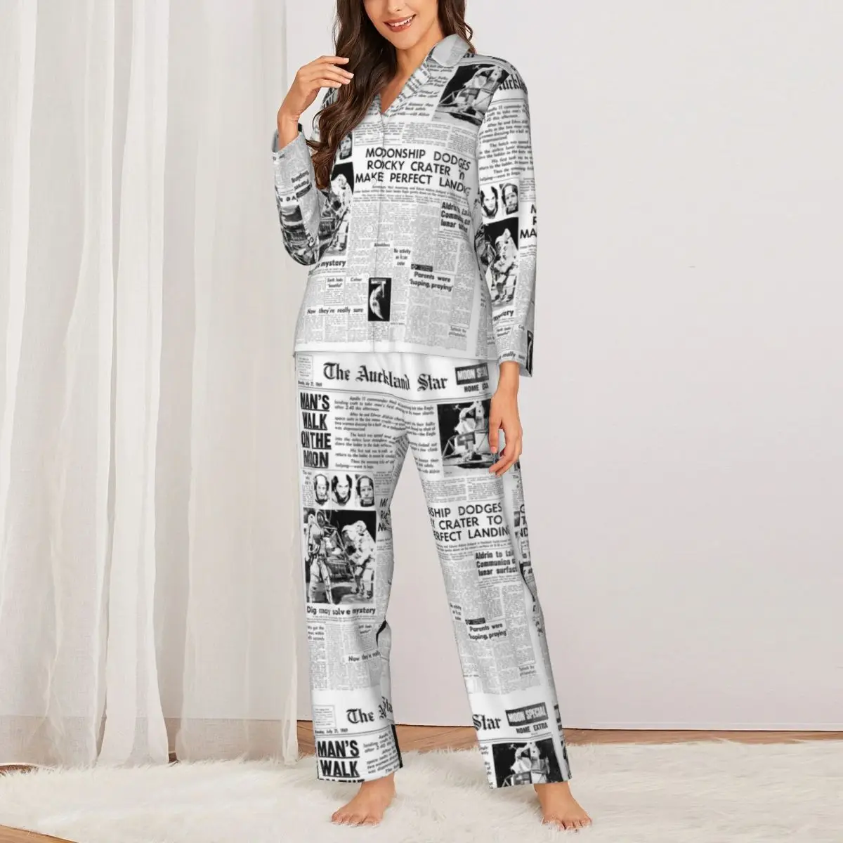 

Пижама с газетными заголовками, женская теплая ночная рубашка с изображением исторической Луны и посадки, осенний комплект из 2 предметов в стиле оверсайз