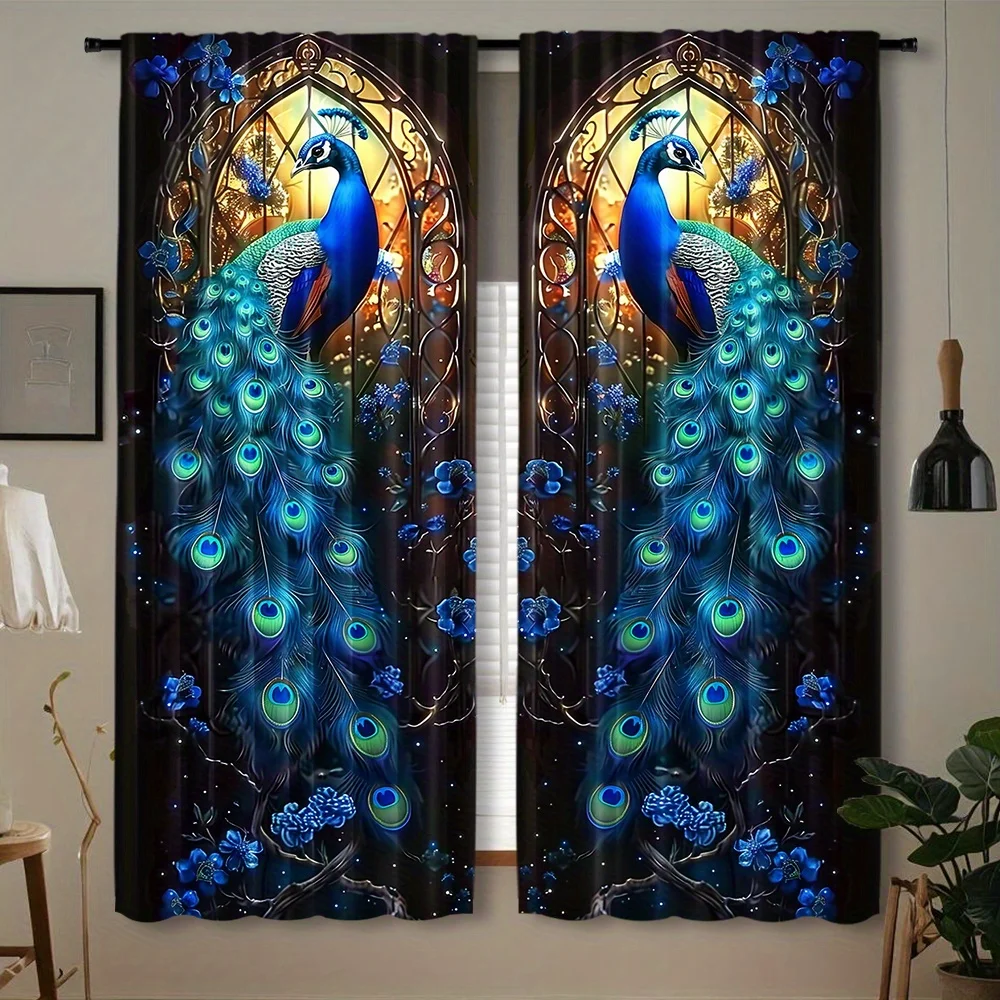 ผ้าม่านตกแต่งนกยูงสีฟ้า 2 ชิ้น: พิมพ์ดิจิตอล, วัสดุโพลีเอสเตอร์, เหมาะสําหรับห้องนั่งเล่น, ห้องนอน, ห้องอ่านหนังสือ, ห้องรับประทานอาหาร 1