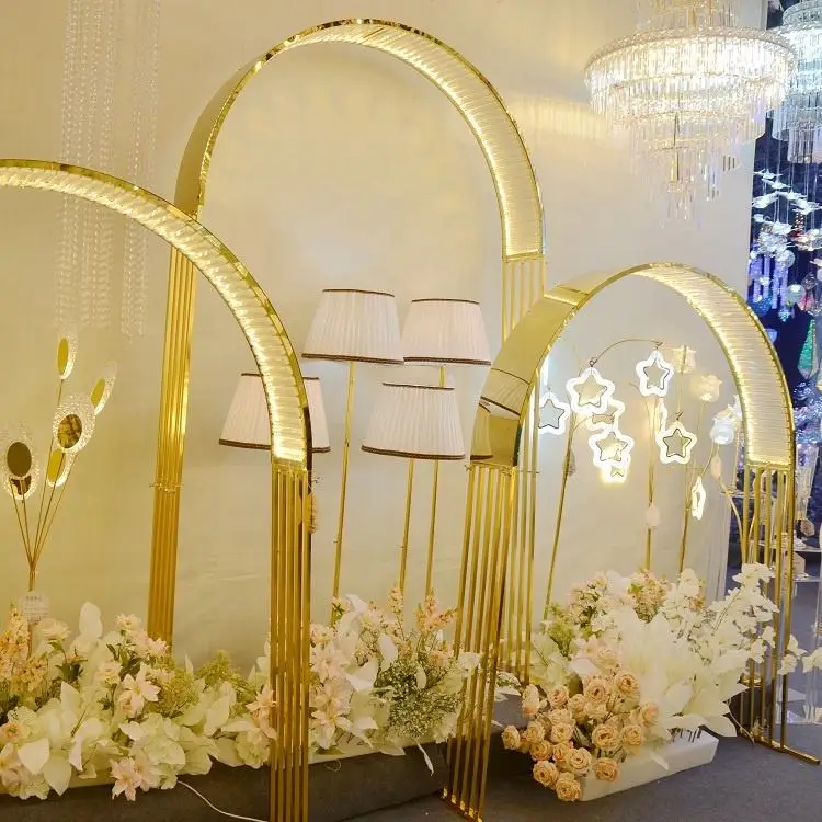 LED steel stainless mirror triple arch for wedding decoration