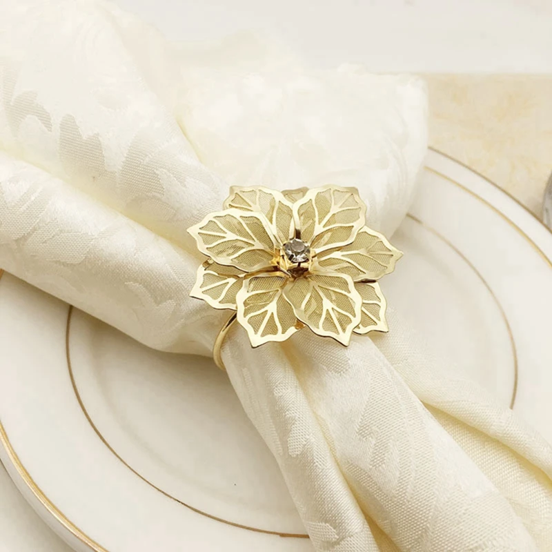 

50Pcs Flower Design Napkin Rings Metal Gold Napkin Buckle Napkin Ring Holder