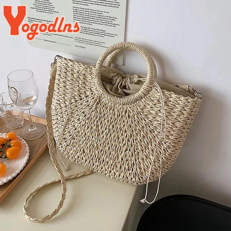 Summer Woven Straw Bag Women Rattan Handmade Handbag New Trendy Shoulder Bag Travel Beach Bags Kintted Handle Bag Totes