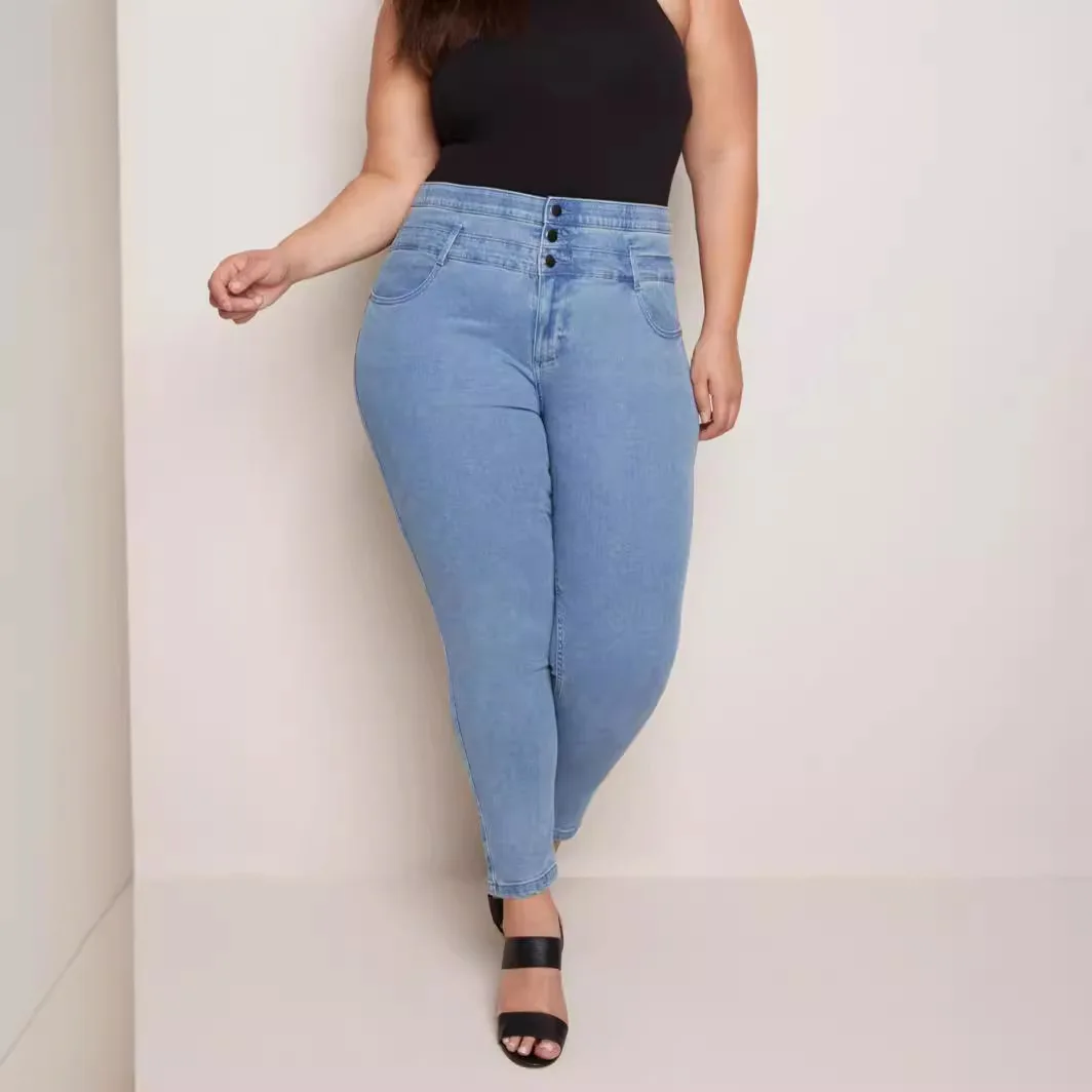 

2024 New High Elasticity Large Size Tight Pants Casual High Waist Button Blue Slim Fit Tight Jeans for Women