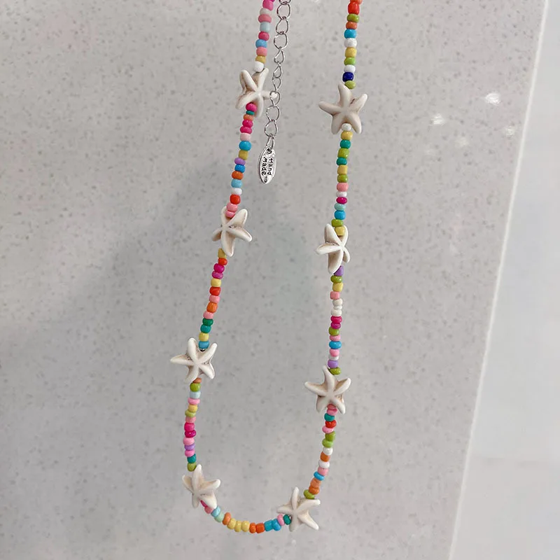 Böhmische Seestern Perlenkette Bunte Sommer Strand Halskette Damen_voghion.com
