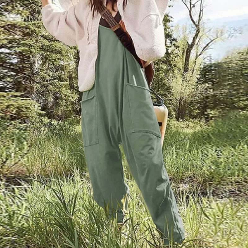 Casual Jumpsuit Women Strap Sleeveless Loose Wide Leg Rompers with Large Pocket Pants Solid Bib Overalls Outfit Fashion Rushed