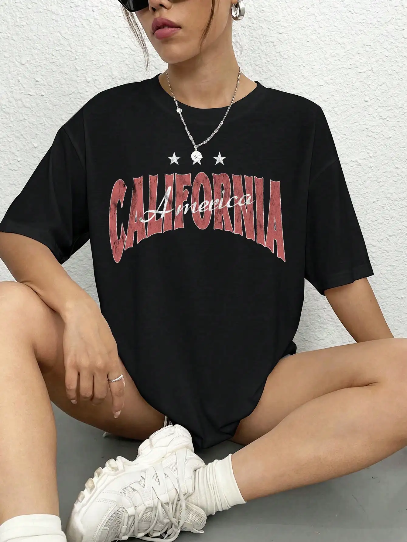

California America White Pentagram Patternwomen T Shirts Breathable Summer T-Shirt Street Tees Clothing Cotton Short Sleeve