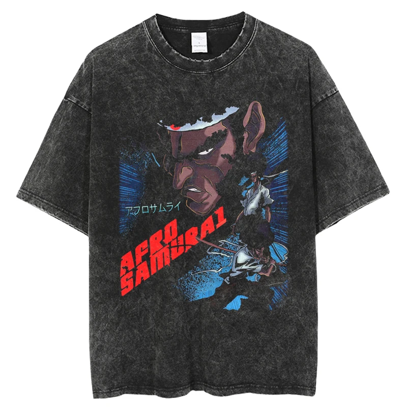 

Summer Casual Oversized T-shirt Anime Printing Mens Afro Samurai Vintage Washed Hip Hop Tees Unisex Short Sleeve tops