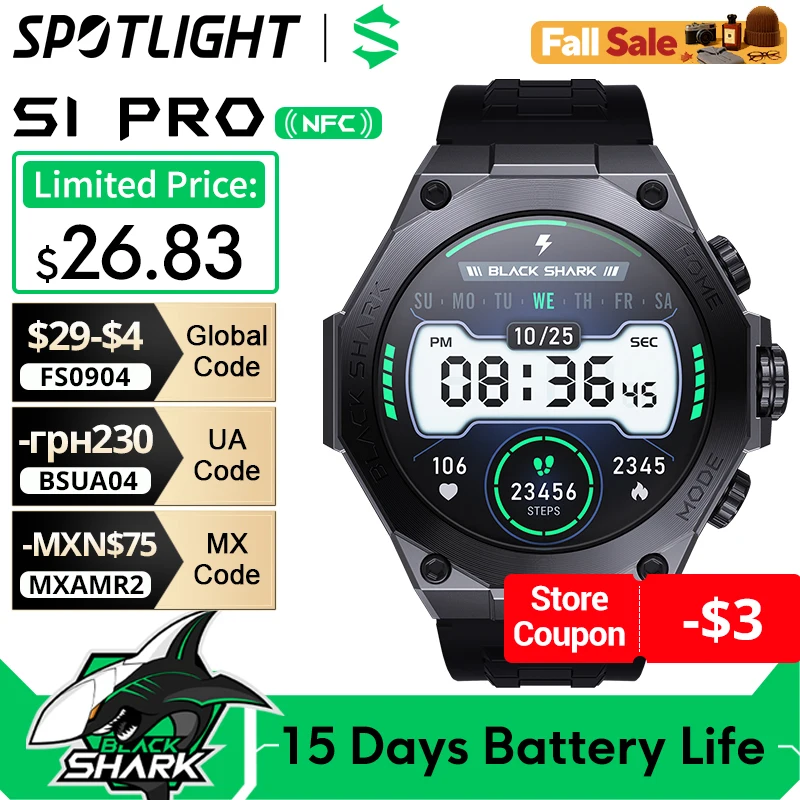 Global Version Black Shark S1 Pro Smart watch 1.43'' AMOLED Wireless Charging 15 Days Life NFC Chat GPT smart watch