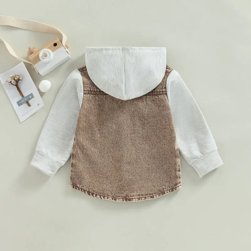 VISgogo Toddler Baby Denim Jacket Boys Girls Layered Long Sleeve Button Down Hoodie Jean Jackets Coat with Pockets Outerwear