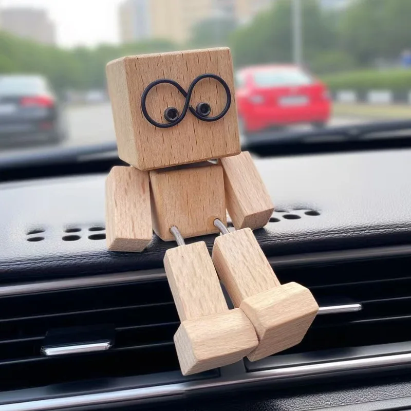 تهز رجل خشبي تمثال سيارة الديكور الحلي الصغيرة الساق يتأرجح روبوت تمثال لطيف الخشب رجل سيارة جيدة الهدايا الإبداعية