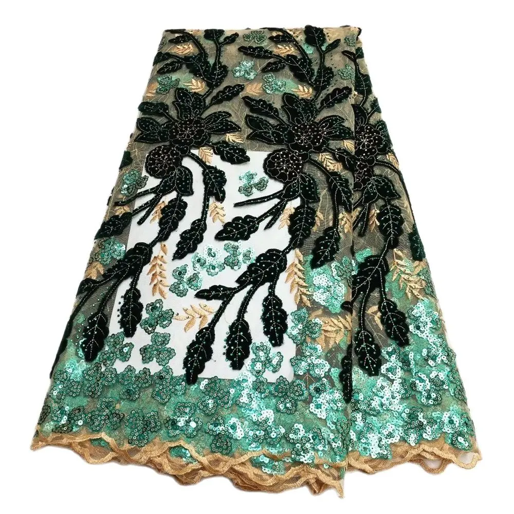 

Green French Tulle Handmade Sequins Fabric African Velvet Luxury Stoned Lace For Bride Wedding Dress Material 5 Yards