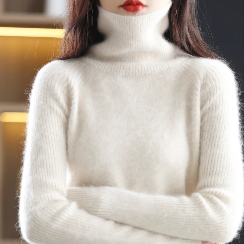 여성용 100% 밍크 벨벳 스웨터, 터틀넥 니트 풀오버, 부드럽고 따뜻한 단색 상의, 한국 버전, 가을 및 겨울 신상