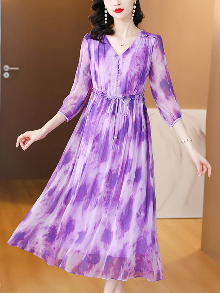 

2023 New International Brand Dresses Summer Purple Print Silk Elegant Loose Dress Women Chic Bandage Luxury Party Evening Dress