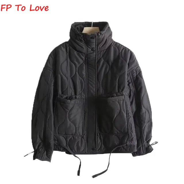 Khaki Quilted Cotton Jacket Straight Short Coat Zipper Stand Collar Pocket Blogger Streetwear Female Outwears Excellent product recommendation