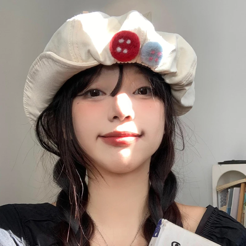 여성용 문학적 다채로운 펠트 단추 디자이너 베레모 모자, 작은 얼굴 표시, 일본 레트로 오버사이즈 팔각형 뉴스보이 모자