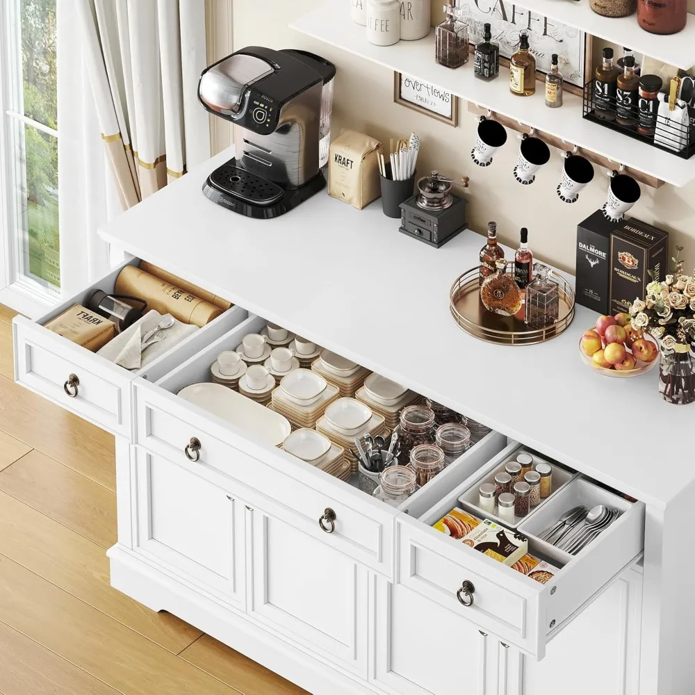 Buffet Cabinet with Storage, 55.1" Large Sideboard Buffet Cabinet, White Kitchen Cabinet with 3 Drawers and 4 Doors