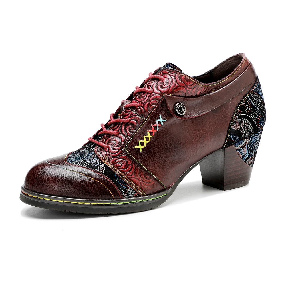 

Genuine Leather Hand Brushed Oxford Pumps Shoes For Women Vintage Printed Stitching Thick Heeled Lace Up Lady High Heels Brogues