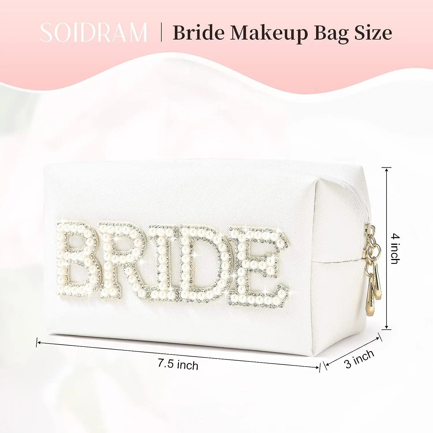 Bride Makeup Bag Cosmetic Bag PU Leather Toiletry Bag Pearl Rhinestone Letter Patches Bling Bride Gifts Zipper Purse Travel Orga 4