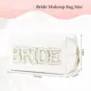 Bride Makeup Bag Cosmetic Bag PU Leather Toiletry Bag Pearl Rhinestone Letter Patches Bling Bride Gifts Zipper Purse Travel Orga 4