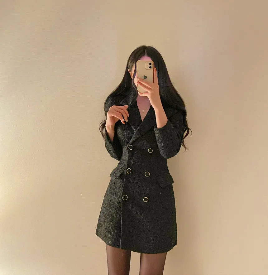 Autumn Winter Elegant Tweed Blazer Dress Double Breasted Slim Short Dresses for Women Korean Fashion Office Lady Coat Dress New