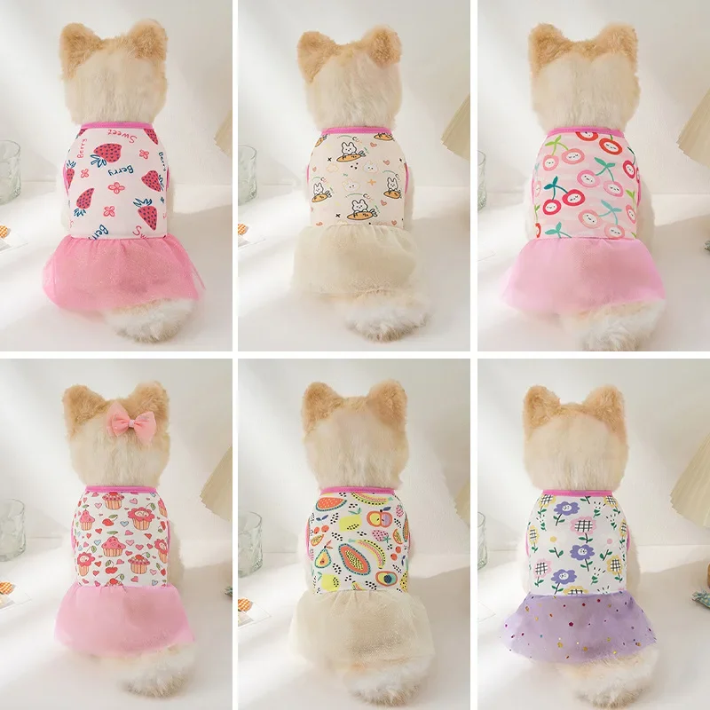 Cartoon Printed Dog Summer Dress Lace Dress For Small Dogs Cute Puppy Skirts Pet Party Birthday Skirt Costumes Pet Supplies