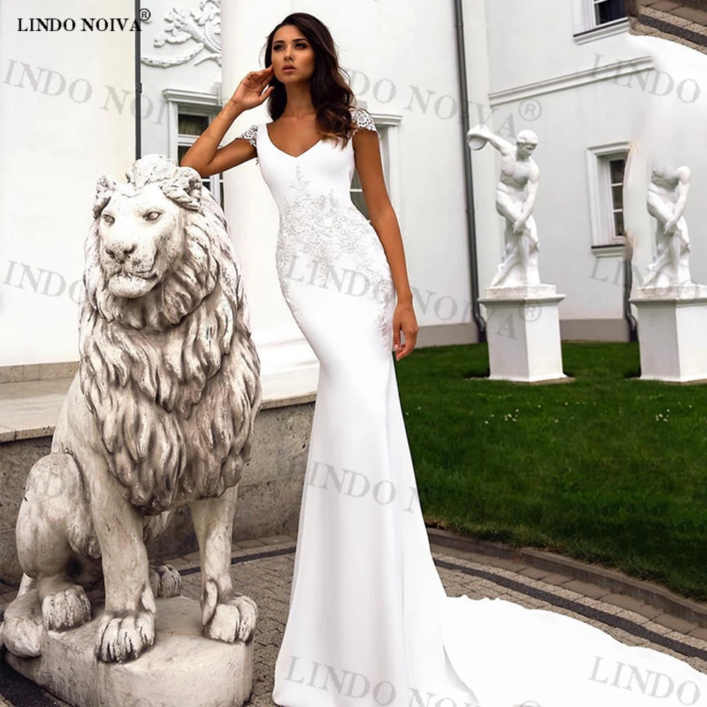 

LINDO NOIVA свадебное платье Boho V Neck Lace Mermaid Wedding Dresses 2023 vestidos de novia Cap Sleeves Appliques Bride Gown