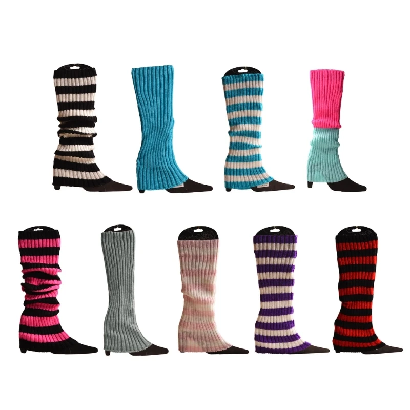 

Women Juniors Ribbed Knitted Leg Warmers Colorful Striped Long Socks Stretchy Foot Cover for 80s Party Sport 37JB