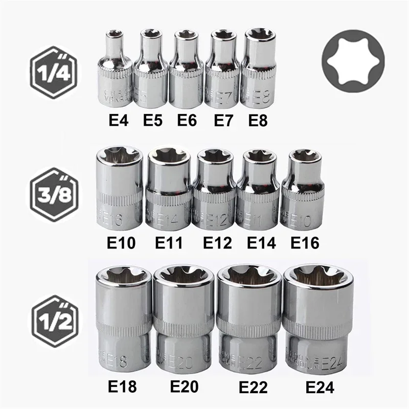 Female E Torx Socket Set with Case, 1/4, 3/8, 1/2 in. Drive E4-E24 External Torque Star Socket Kit, 14Pcs 5