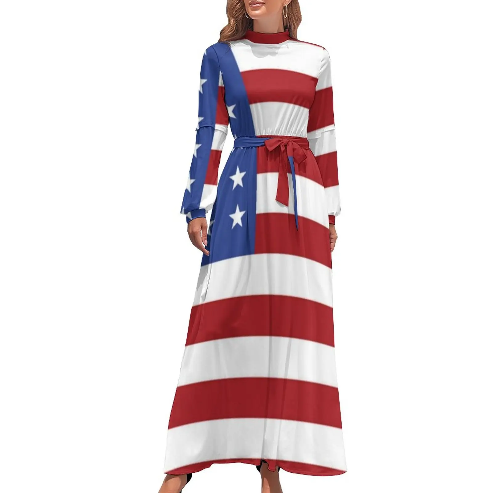 

Платье макси с американским флагом США, пикантное платье в полоску с патриотическими звездами, стильные богемные длинные платья с высоким воротником и графическим принтом