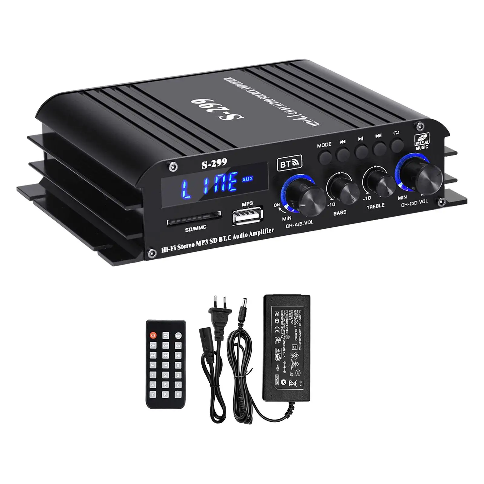 Digital Power Amplifier Portable USB AUX BT SD 4.1 Channel for Store Home Theater Mini HiFi Stereo Amp with Remote Control 40wx4