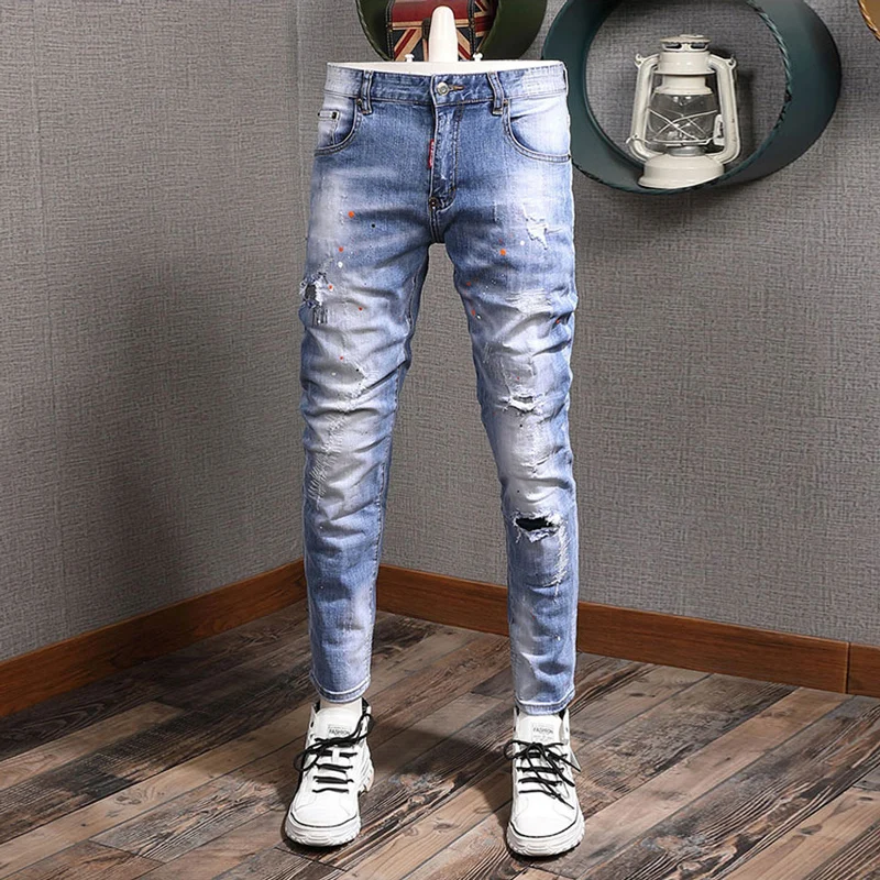 цена Street Fashion Men Jeans Retro Light Blue Stretch Slim Fit Painted Hole Ripped Jeans Men Patched Designer Vintage Pants Hombre